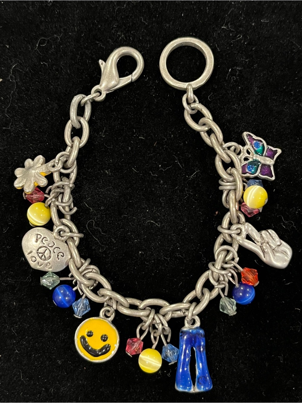 Y2K Chunky Hippie Silver & Colorful Enamel Charm Bracelet Smiley Bellbottoms